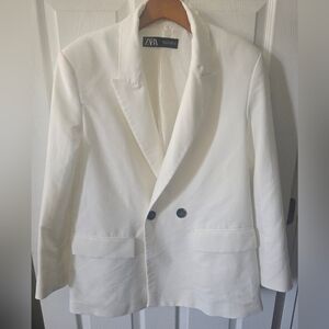 ZARA White Double-Breasted Women's Linen Blend Blazer